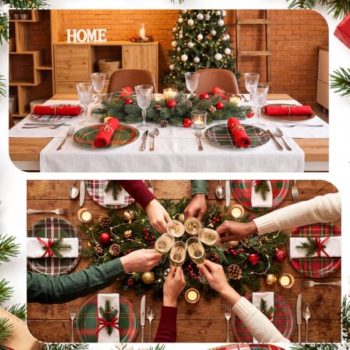 Christmas Plaid Paper Plates Set 120 Pcs - Red, Green, White, 7 Inch