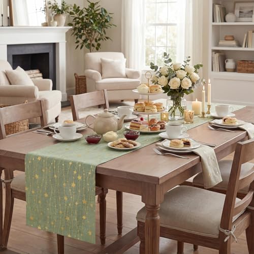 Gold Stars Sage Green Burlap Table Runner 12x48 Inch - Artoid Mode