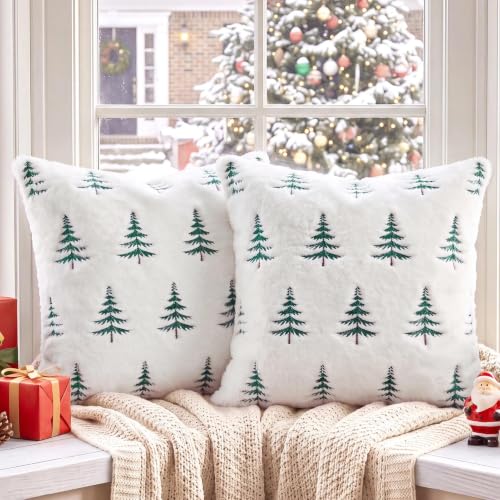 White Faux Fur Christmas Pillow Covers 18x18 Inches Set of 2 - Embroidered Tree