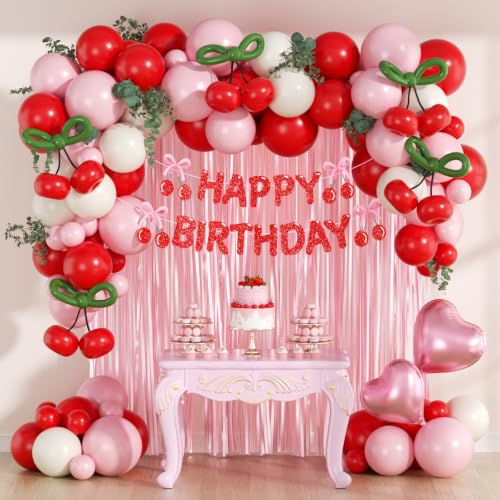 Cherry Birthday Party Decorations with Balloons, Banner & Fringe Curtain