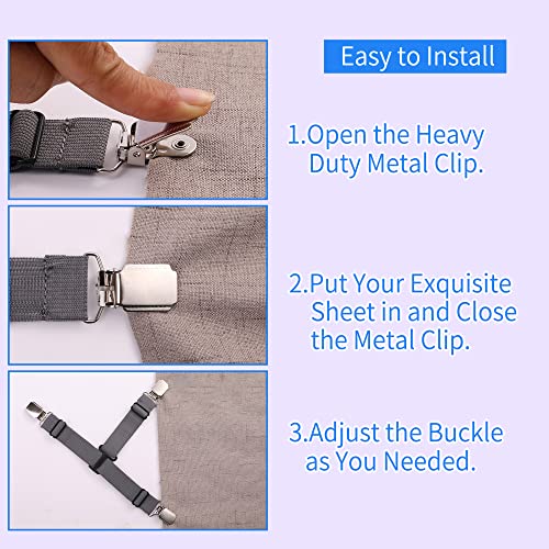 MENDENG Grey Bed Sheet Holder Garters - Adjustable Sheet Clips for Queen