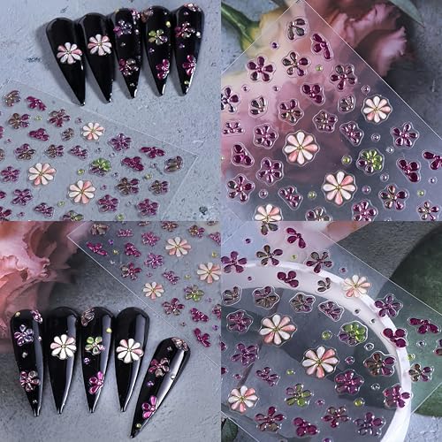 5D Embossed Flower Nail Art Stickers - Jelly Floral Daisy Decals (3 Sheets)