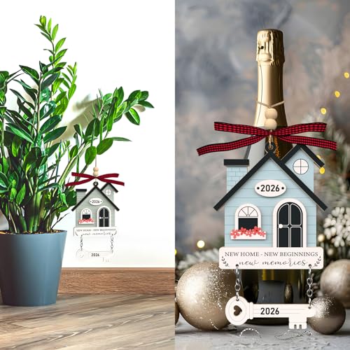 2Pcs Wooden House Warming Gifts First Home Ornament with Key Design - Brown & Blue
