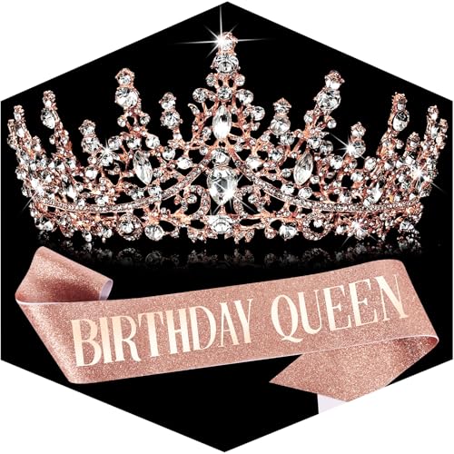 TOBATOBA Birthday Queen Sash and Rose Gold Rhinestone Tiara Set
