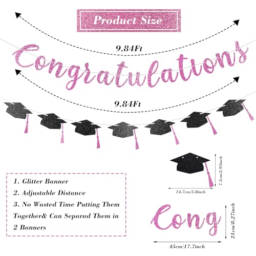 Pink Glitter Congratulations Banner for Graduation Party Class of 2026