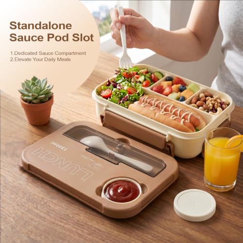 DEERLEAP Bento Box Lunch Container - 4 Compartment, 1300ml, BPA-Free, with Sauce Tray & Utensils
