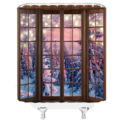 Winter Forest Shower Curtain with Hooks - Purple Brown 70x70 Inches Holiday Bathroom Decor