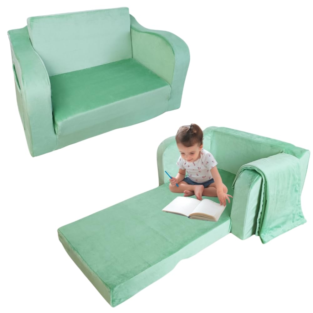 Wonder Space Kids Foam Couch with Blanket, Pre-Assembled Toddlers 2-in-1 Convertible Sofa, Indoor Foadable Lounger Chair & Flip Open Floor Bed for Boys & Girls (Mint Green)