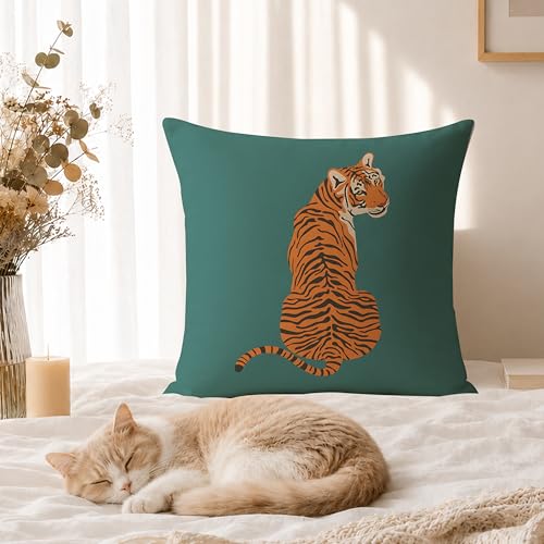 Tiger Throw Pillow Cover 18x18, Boho Flannel Decorative Case - Tiger-01