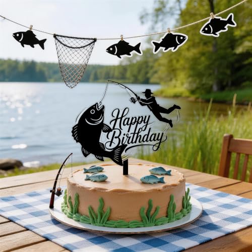 Fishing Birthday Cake Topper - Acrylic Gone Fishing Decor for Men