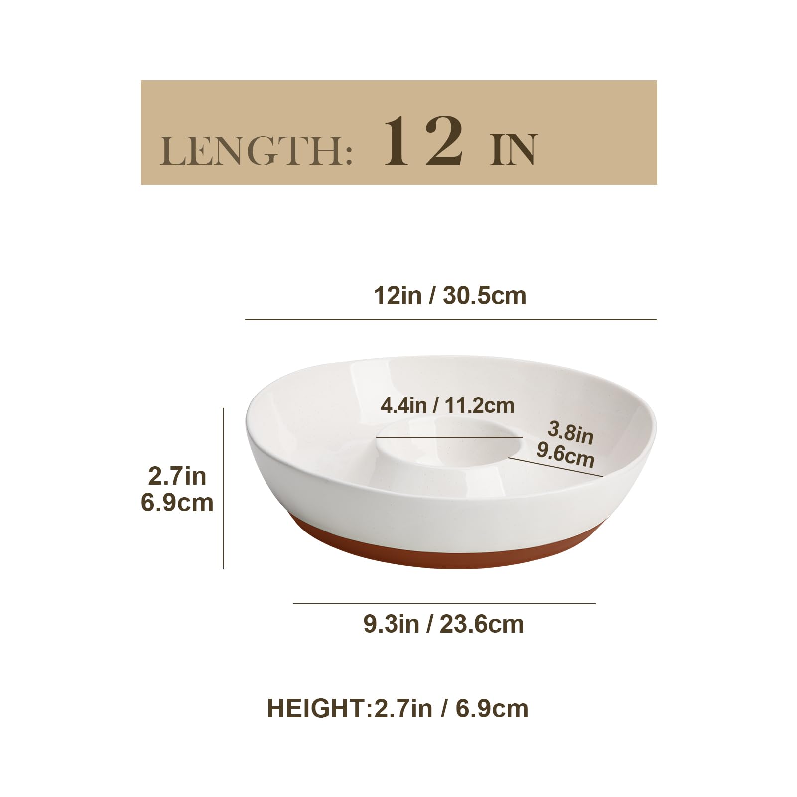 MALACASA Ceramic Chips and Dip Serving Tray, 12 Inch Large Divided Bowls Set for Salsa, Veggies & Dip, Appetizers, Snacks, Free-Form Serving Dish Platter for Parties Hosting & Entertaining, White