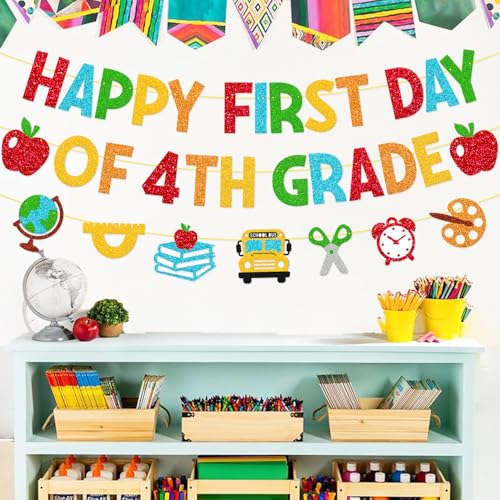 Happy First Day of 4th Grade Banner - Colorful Back-to-School Decor