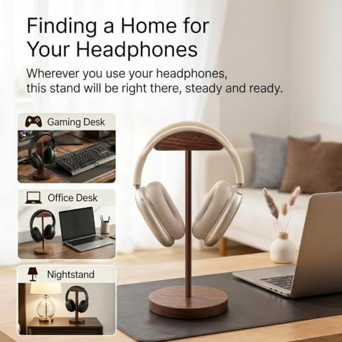 Walnut Wooden Headphone Stand - Desktop Headset Hanger & Display Holder