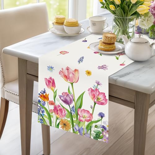 Bonhause 13x72 Inch Tulip Flower Table Runner - Pink Purple Floral
