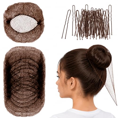 Invisible Hair Net Set for Ballet Buns (Brown, 20 Pcs with 50 U Pins)