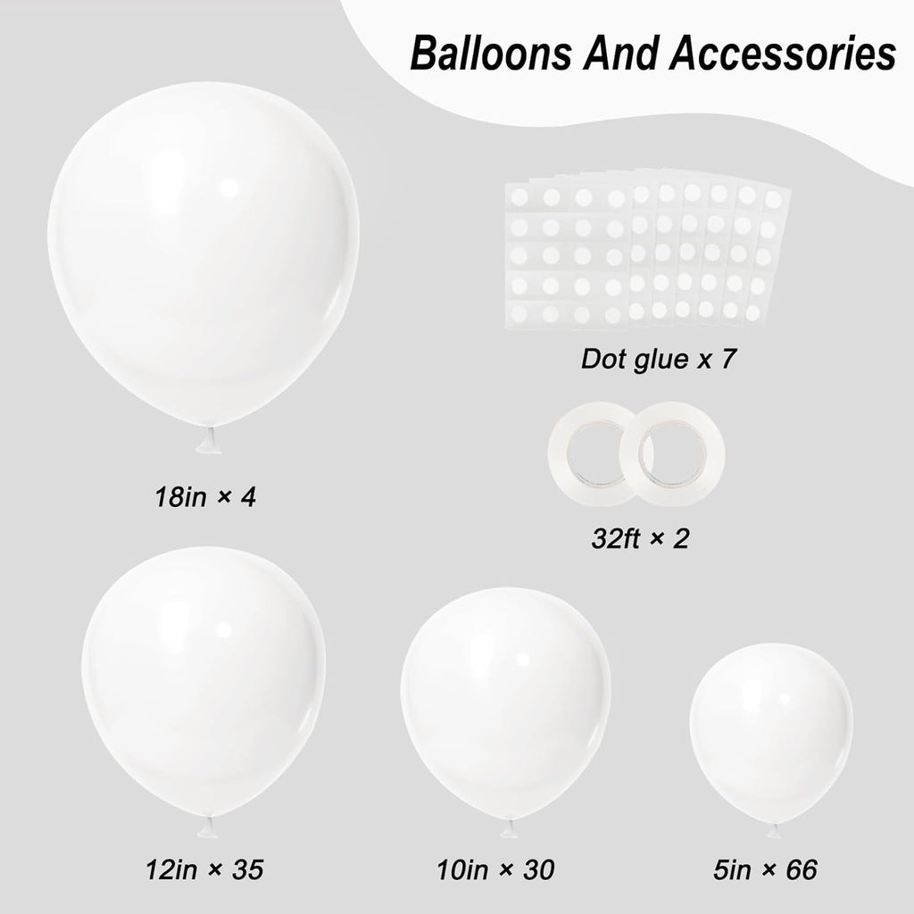RUBFAC White Balloons - 135pcs in Various Sizes (5-18 Inch) for Wedding, Birthday, and Baby Shower Decor