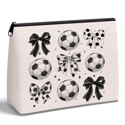 Soccer Makeup Bag Bow Cosmetic Zipper Pouch Travel Toiletry Bag