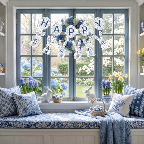 Chinoiserie Easter Banner with Velvet Ribbon - Blue & White Floral Decor