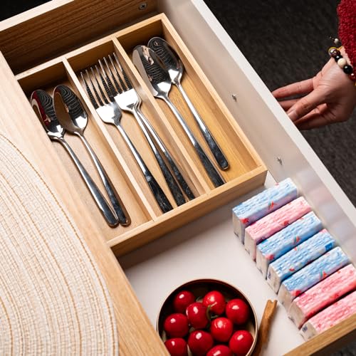Fibogollo Bamboo Silverware Organizer - Natural 3 Compartment Utensil Tray