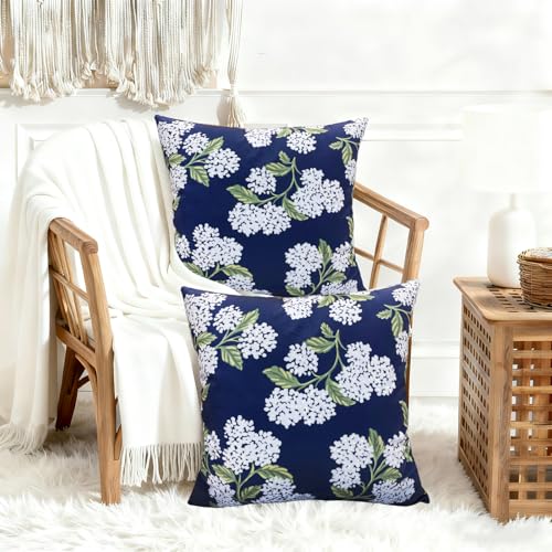 Blue Hydrangea Print 18x18 Inch Boho Farmhouse Throw Pillow Covers Set of 2
