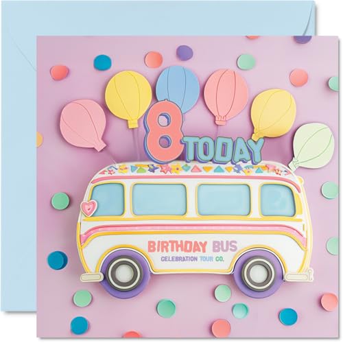 Cute 8th Birthday Card for Girls - Balloon Bus Design