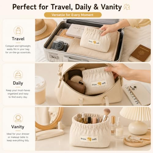 3-Piece Corduroy Makeup Bags Set Portable Travel Cosmetic Pouches