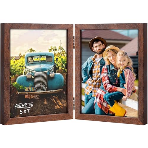 AEVETE 5x7 Double Hinged Wood Folding Picture Frame - Brown