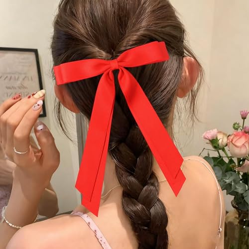 Dladhict Red Satin Hair Bow Clips with Long Ribbons for Women & Girls