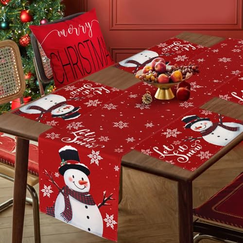 Christmas Snowman Placemats Set of 4 & Table Runner - Holiday Kitchen Decor