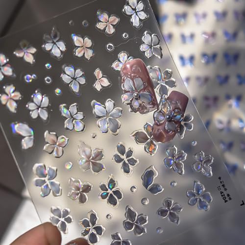 Sutaozhi 5D Embossed Floral Nail Stickers Holographic Self-Adhesive Flower Decals