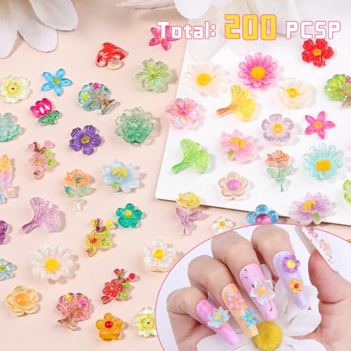 Kikonoke 200PCS Clear Glitter Flower Nail Charms 3D Resin Floral Art