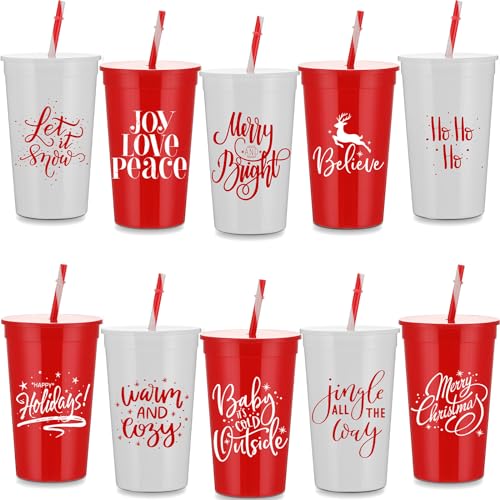 Christmas Tumbler Cups Bulk - 10 Pcs 34 oz with Lids & Straws, Holiday Drinkware - Variation of 10