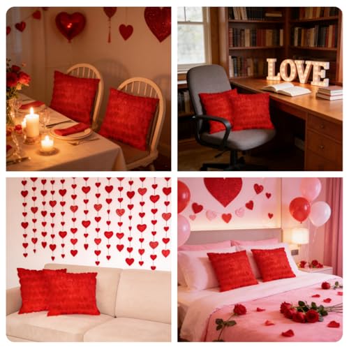 Valentines Day Red Faux Fur Throw Pillow Covers 18x18, Set of 2
