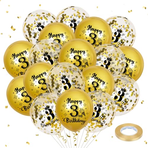 Gold 3rd Birthday Balloons - 18 Pcs with Confetti & Ribbon