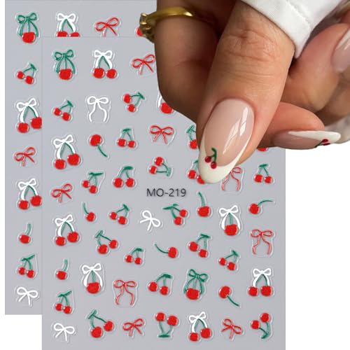 Cherry Nail Art Stickers 2 Sheets Cute Red Bow Self-Adhesive Decals