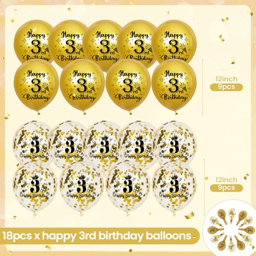 Gold 3rd Birthday Balloons - 18 Pcs with Confetti & Ribbon