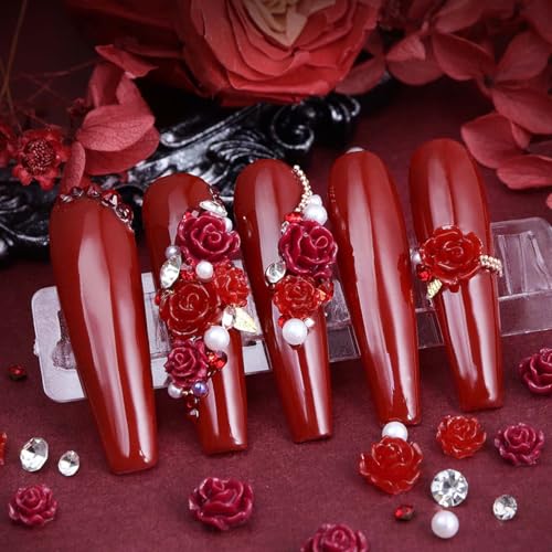 50Pcs Red Rose Nail Charms with Pearls, Valentine Resin Rhinestones