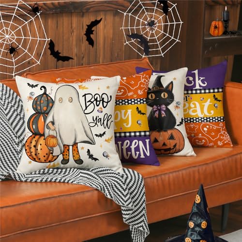Modovos Halloween Throw Pillow Covers 18x18, Set of 4, Ghost & Pumpkin