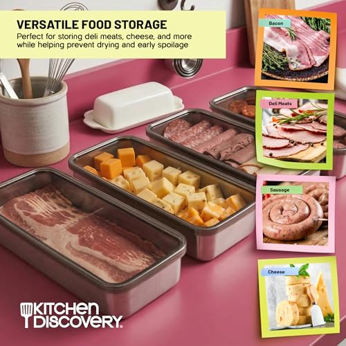 Kitchen Discovery Stainless Steel Stay Fresh Bacon Keeper - Keeps 16oz Bacon & Deli Meats Fresh