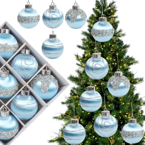 Light Blue Satin Christmas Balls Set - 9 Pcs 3.15 Inch Holiday Ornaments