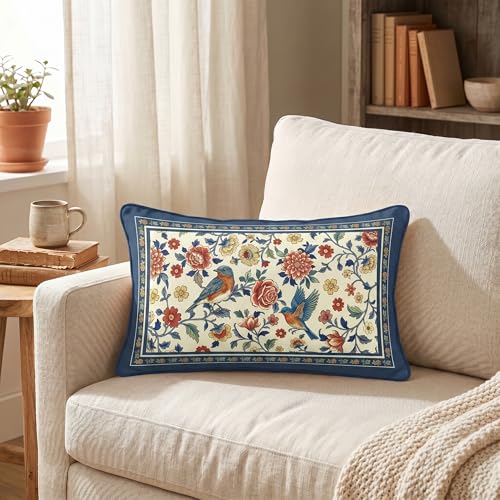 Blue Floral Chinoiserie Throw Pillow Covers Set of 2 20x12 Inches Velvet Spring Decor