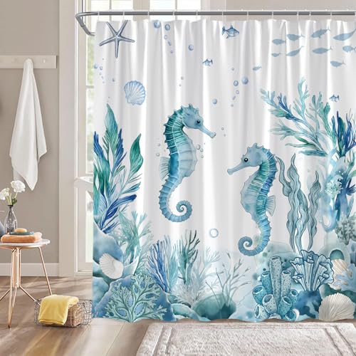 Coastal Seahorse Shower Curtain 70x70 Inch with Hooks