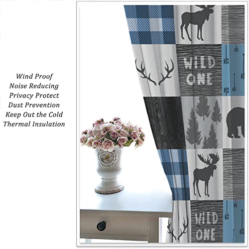 Moose Bear Bedroom Curtains - 26x84 Inch Pack of 2, Grey Blue Plaid Deer Silhouette Room Darkening Drapes, Holiday Christmas Decor