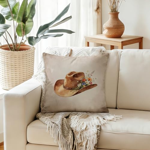 Floral Western Cowboy Hat Pillow Cover 18x18 - Cozy Decor