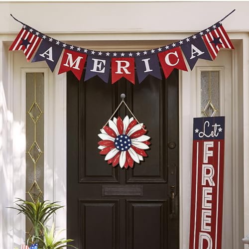 Patriotic Sunflower Wooden Wreath for 4th of July Decor
