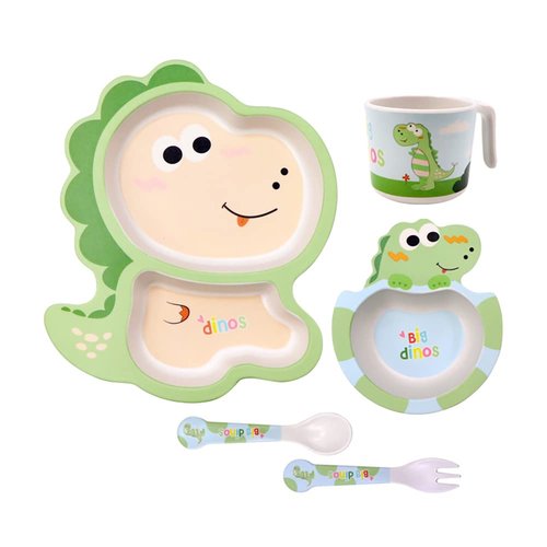 Fekdod Bamboo Kids Dinnerware Set 5 Pcs Includes Plate Bowl Cup Fork Spoon Perfect for Kids BPA-Free (Little Dinosaur)