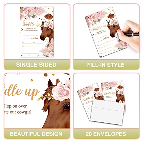 Horse Birthday Invitations with Envelopes - 20 Pack Cowgirl Design
