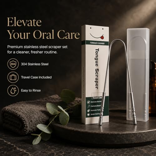 AYOJOY Stainless Steel Tongue Scraper with Travel Case for Fresh Breath