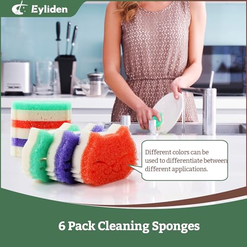 Eyliden 6 Pack Dual-Sided Scrub Sponges with Smart-Temp Firmness