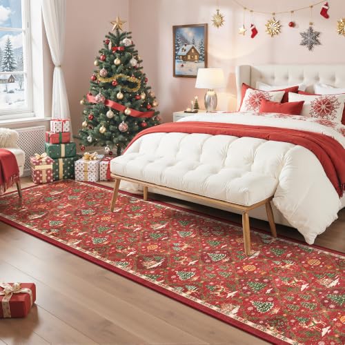 Christmas Hallway Runner Rug 2x8 Washable Non-Slip Red Floor Mat - Variation: Christmas Red / 2' x 8'